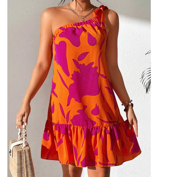 Vibrant Floral Print One Shoulder Ruffle Hem Mini Dress - Picture 1 of 8